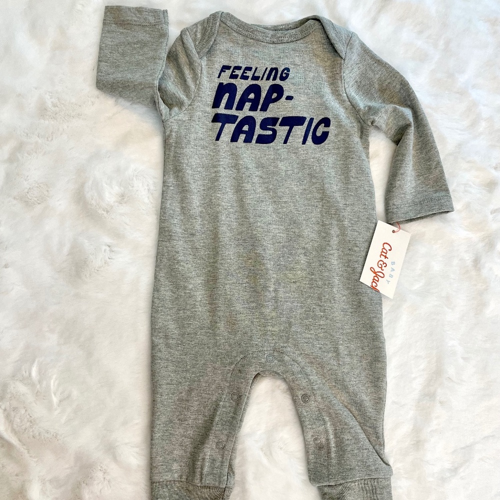 Cat & Jack Gray Playsuit "Feeling Nap-Tastic" Snap Leg Closure 0-3M - NWT